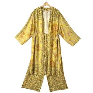 H&M Yellow & Brown Button Up Long Line Duster Tunic w/ Wide Leg Pants Set Size S